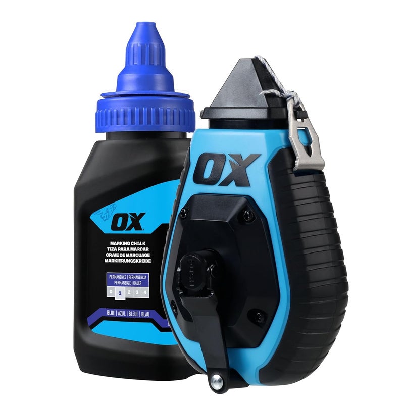 Ox Pro 100ft Chalk Line ABS Plastic with Rubber Grip with Chalk Powder 4oz - 6:1 Gear Ratio with Cotton Nylon Standard Bold Line Pointed Tip Chalk Line Tool Chaclain Para Construccin - Image 1